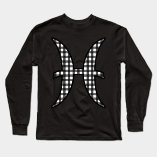 Pisces Zodiac Horoscope Symbol in Black and White Gingham Pattern Long Sleeve T-Shirt